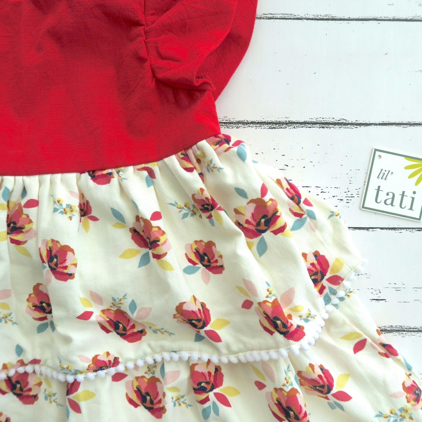 Abelia Layered Dress in Red Linen and Flower Paint
