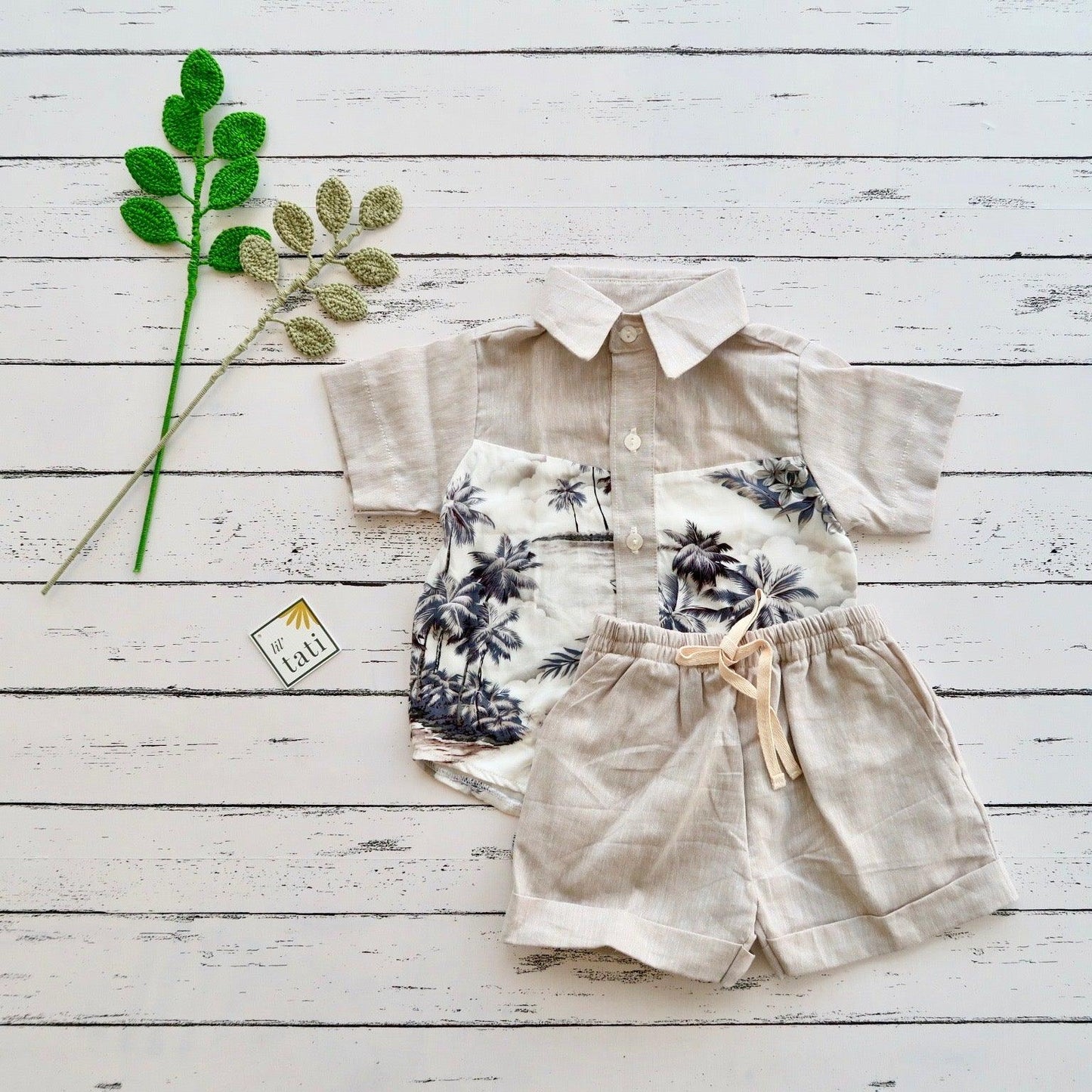 Birch Top & Shorts in Beige Beach and Beige Linen - Lil' Tati