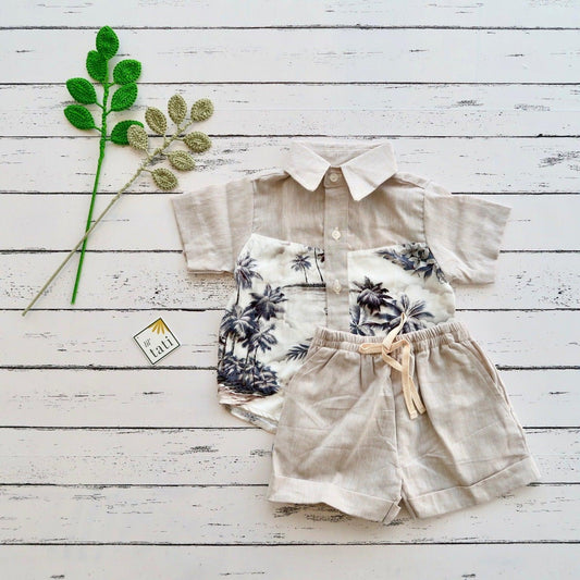 Birch Top & Shorts in Beige Beach and Beige Linen - Lil' Tati
