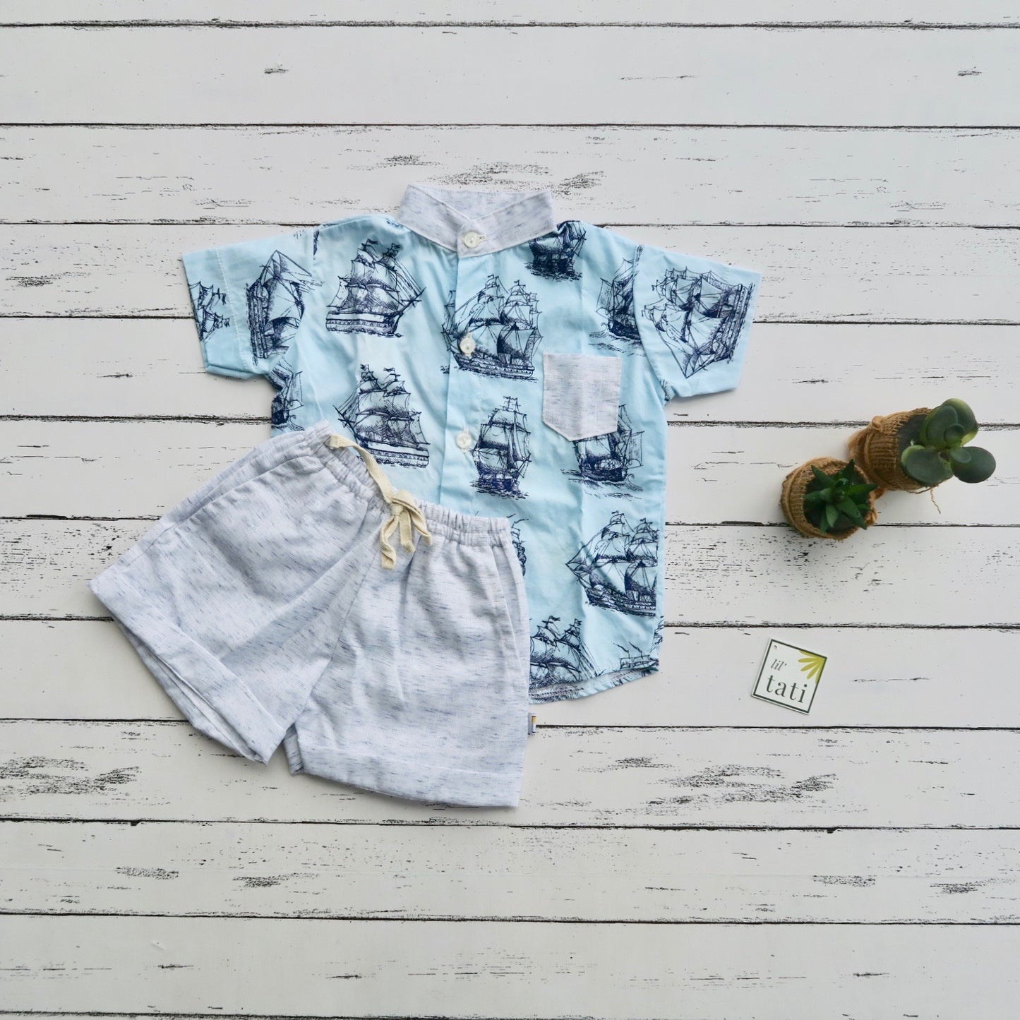 Cedar Top & Shorts in Galleon Blue and Blue Linen Kohibo