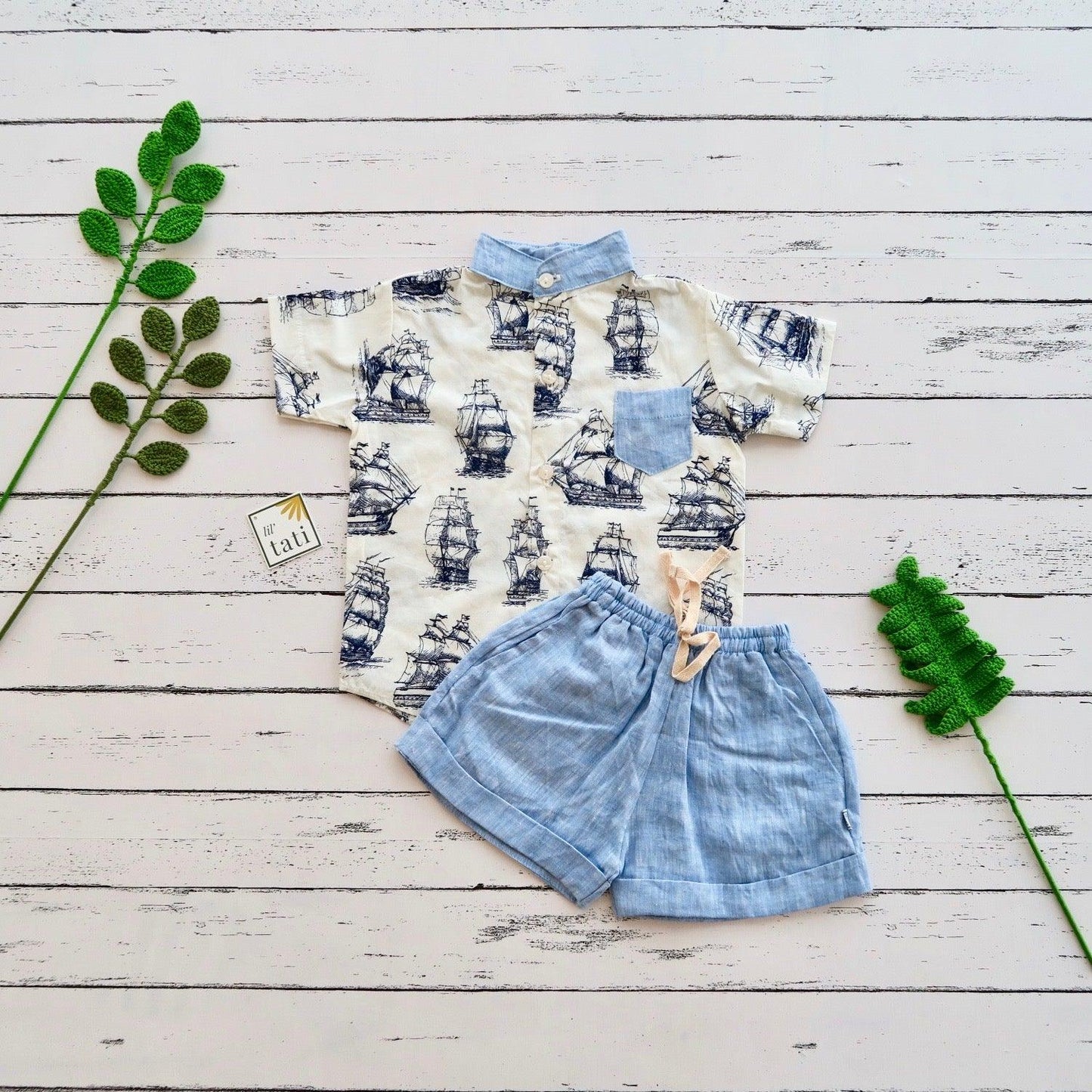 Cedar Top & Shorts in Galleon White and Blue Linen - Lil' Tati