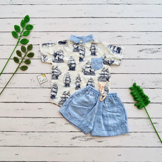 Cedar Top & Shorts in Galleon White and Blue Linen - Lil' Tati