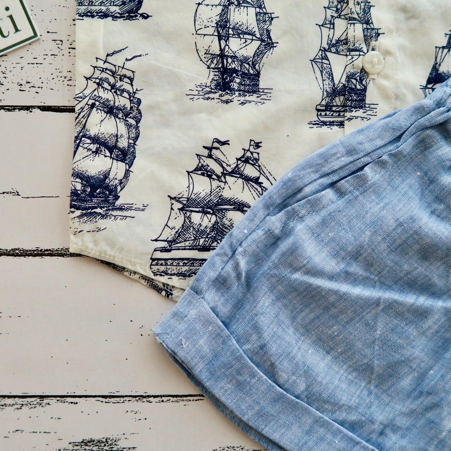 Cedar Top & Shorts in Galleon White and Blue Linen - Lil' Tati