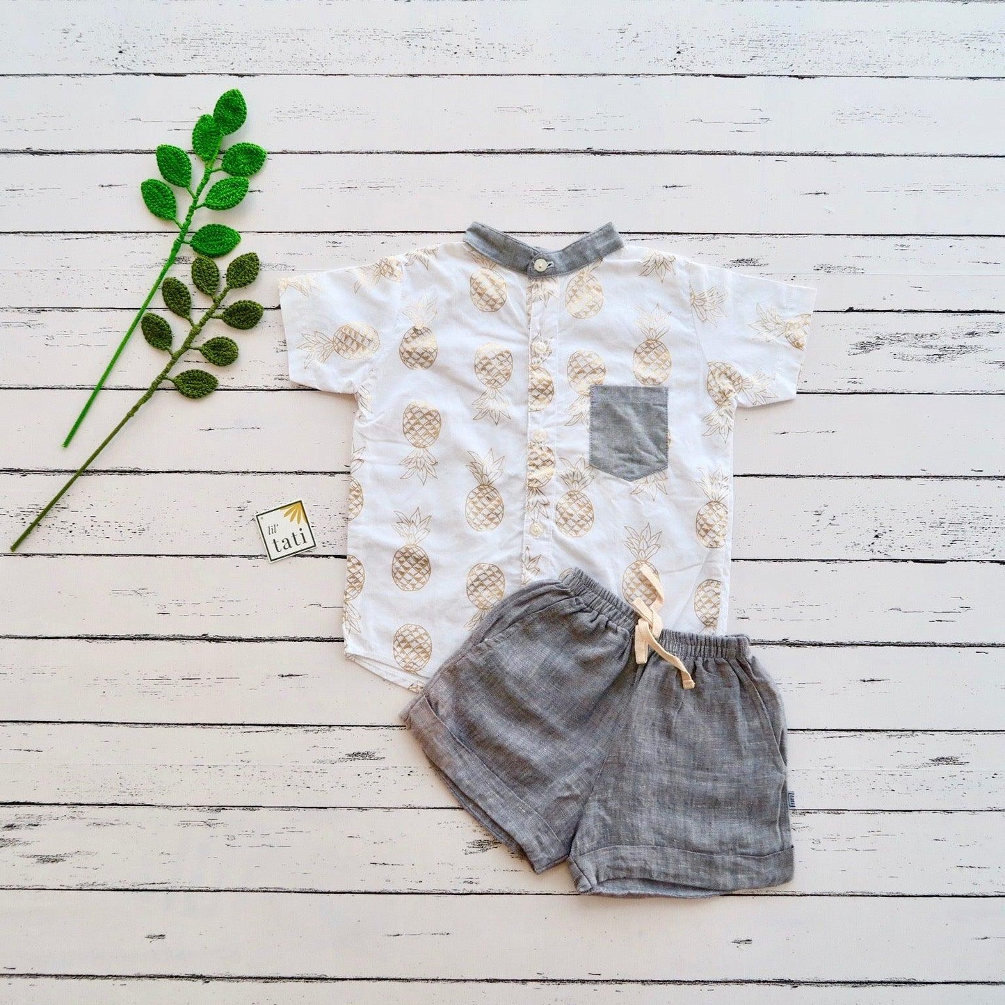 Cedar Top & Shorts in Golden Pineapple and Gray Linen - Lil' Tati