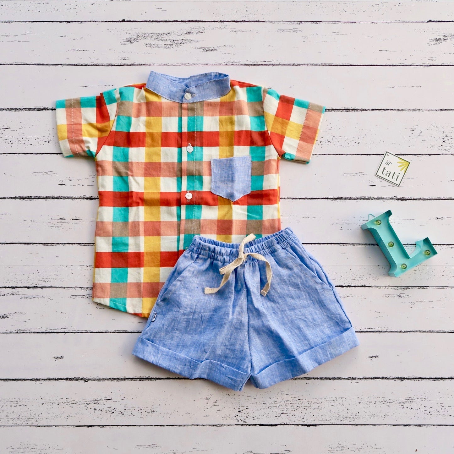 Cedar Top & Shorts in Bright Checkered Linen