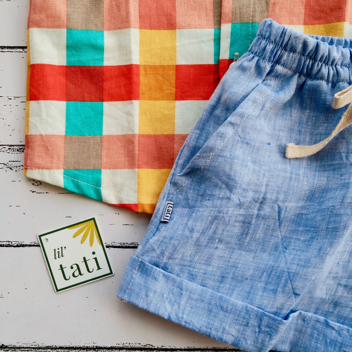 Cedar Top & Shorts in Bright Checkered Linen