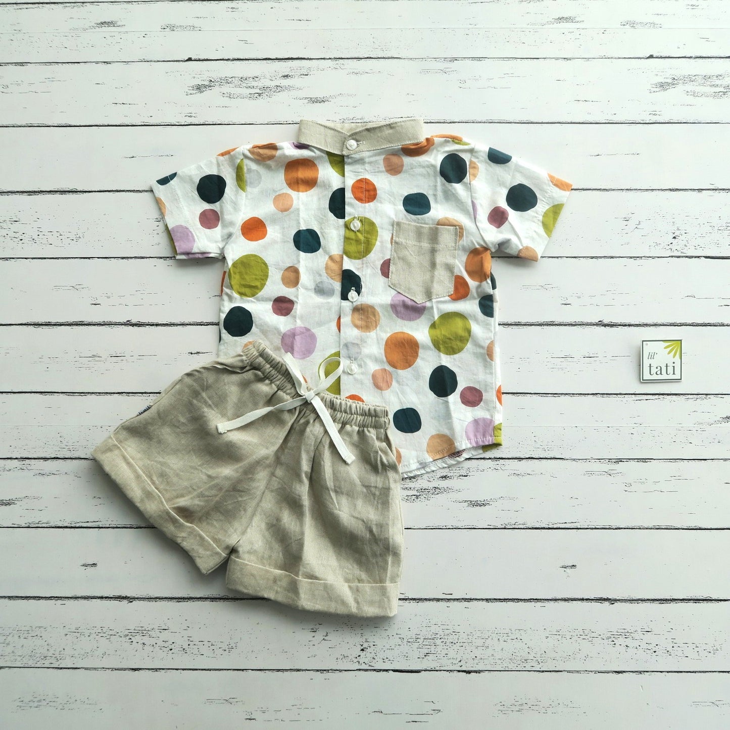 Cedar Top & Shorts in Fun Polka White and Beige Linen