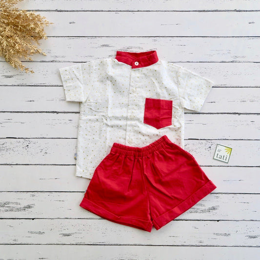 Cedar Top & Shorts in Gold Polka and Red Linen