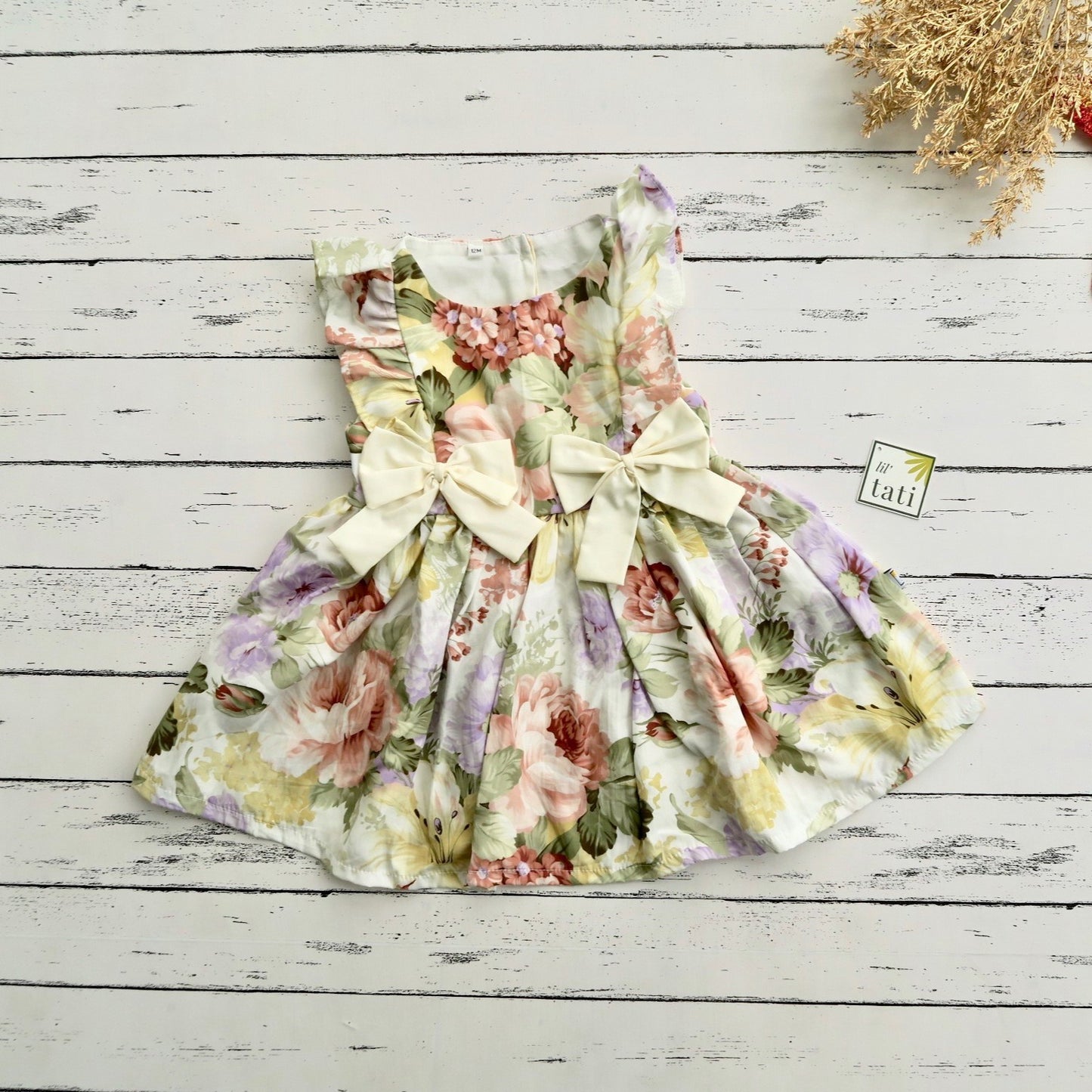 Vinca Dress in Pastel Blooming Flowers with Cream Ribbon