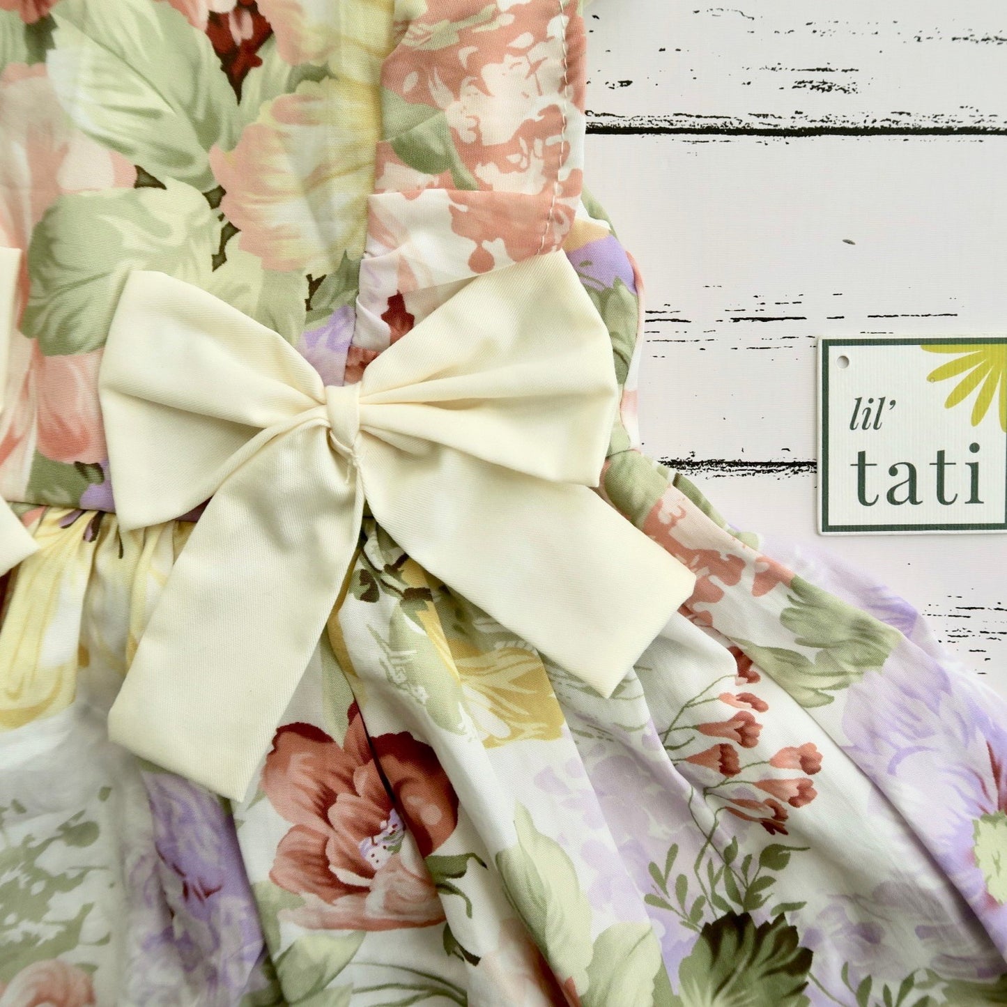 Vinca Dress in Pastel Blooming Flowers with Cream Ribbon