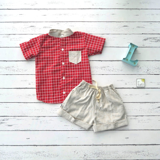 Cedar Top & Shorts in Red Grid and Beige Linen