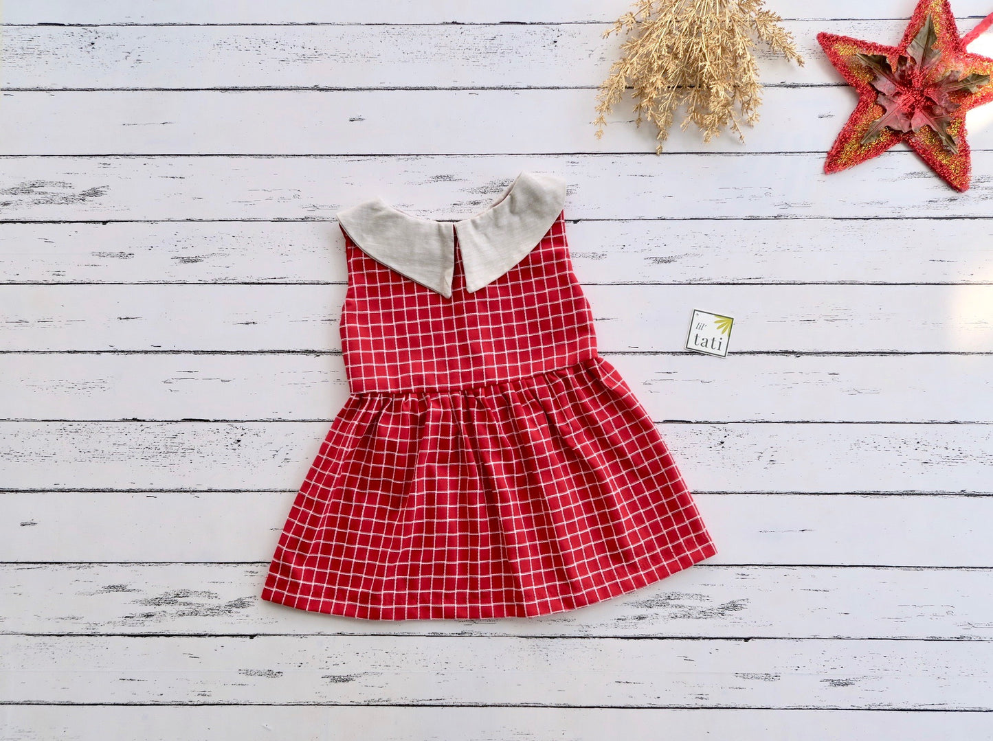 Ivy Dress in Red Grid and Beige Linen