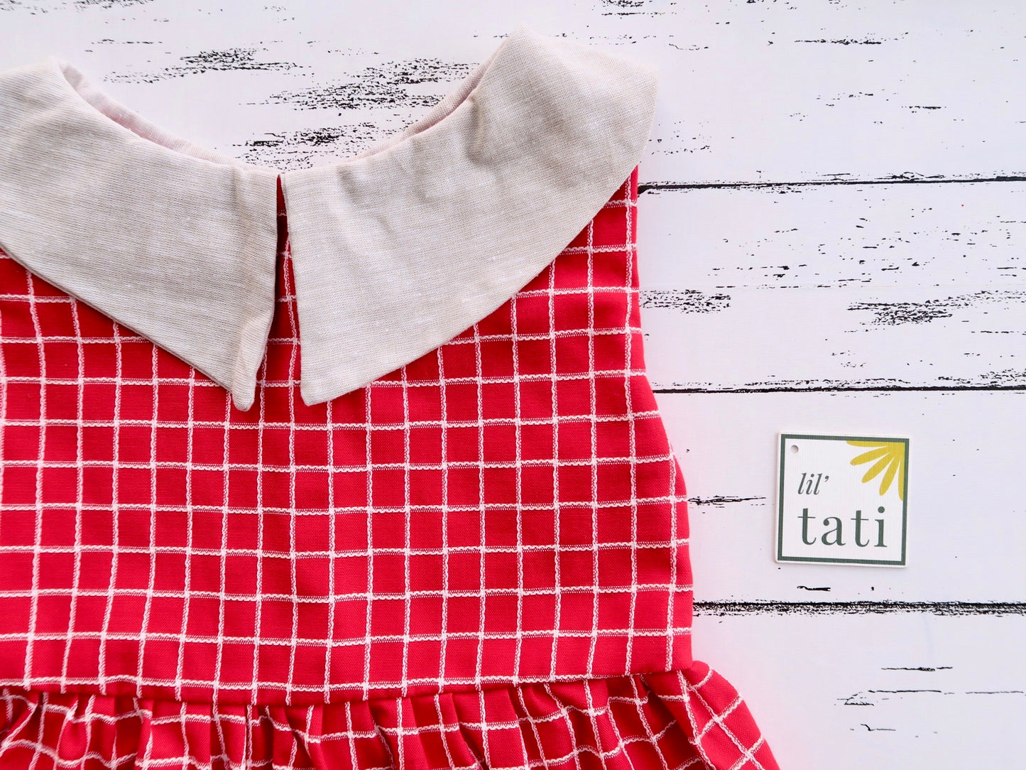 Ivy Dress in Red Grid and Beige Linen