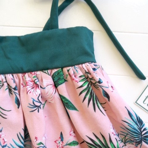 Kalina Dress in Pink Hawaiian and Green Linen