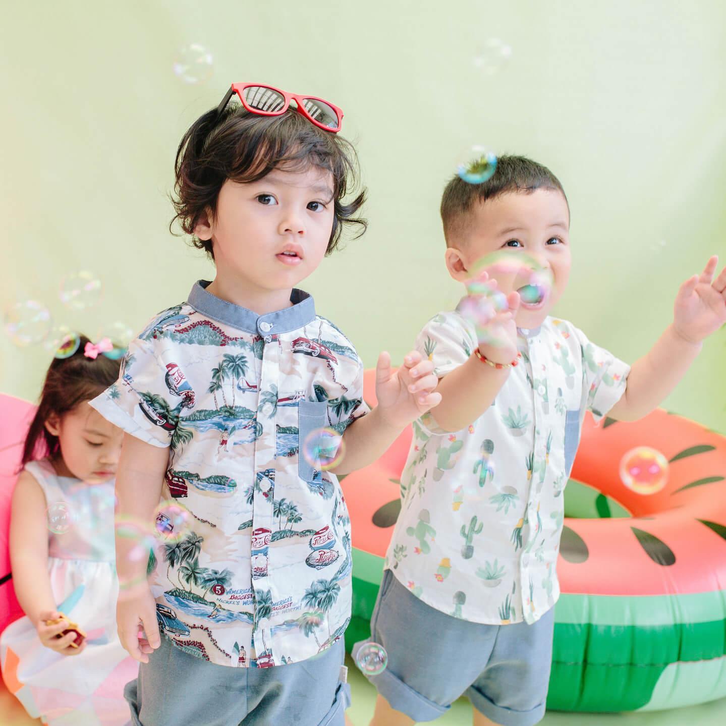 Cedar Top & Shorts in Aloha Leaves Blue and Blue Linen - Lil' Tati