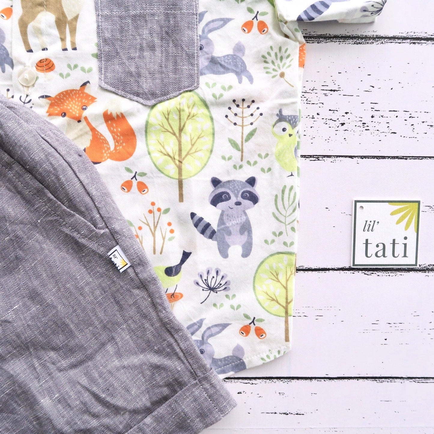 Cedar Top & Shorts in Woodland Forest and Dark Gray Linen