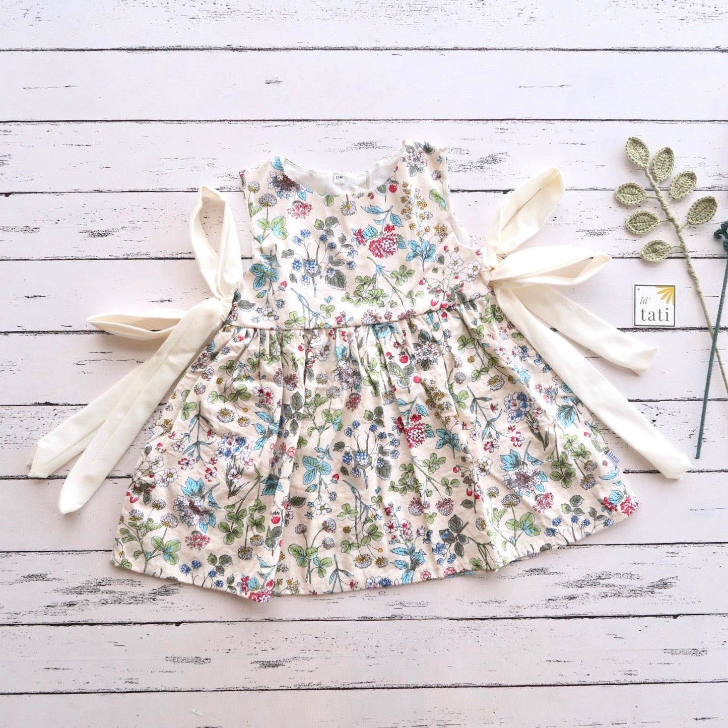 Iris Dress -Side Ribbons in Bed of Flowers Cream