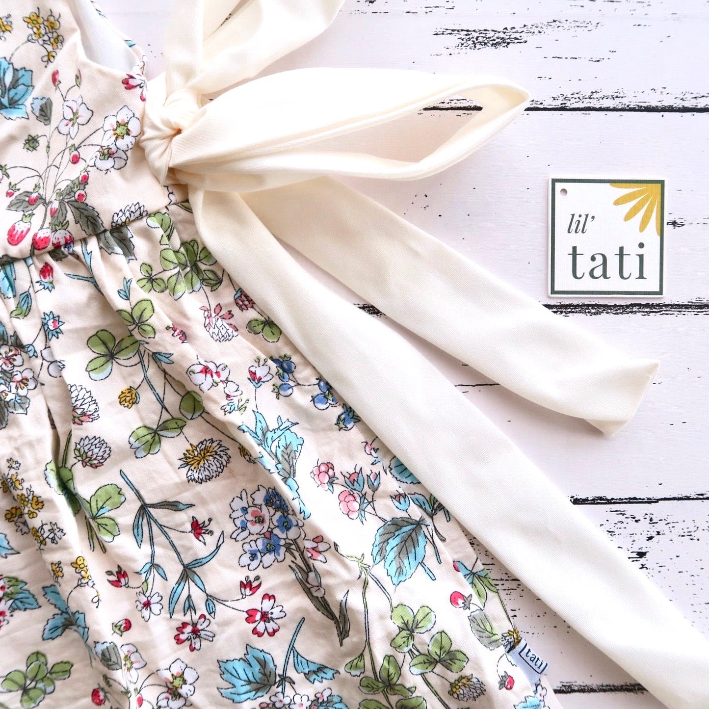 Iris Dress -Side Ribbons in Bed of Flowers Cream