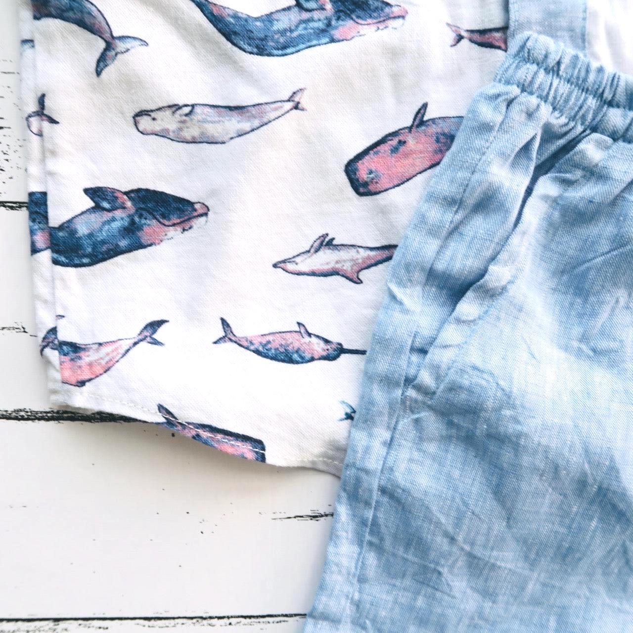 Birch Top & Shorts in Indigo Whale and Blue Linen