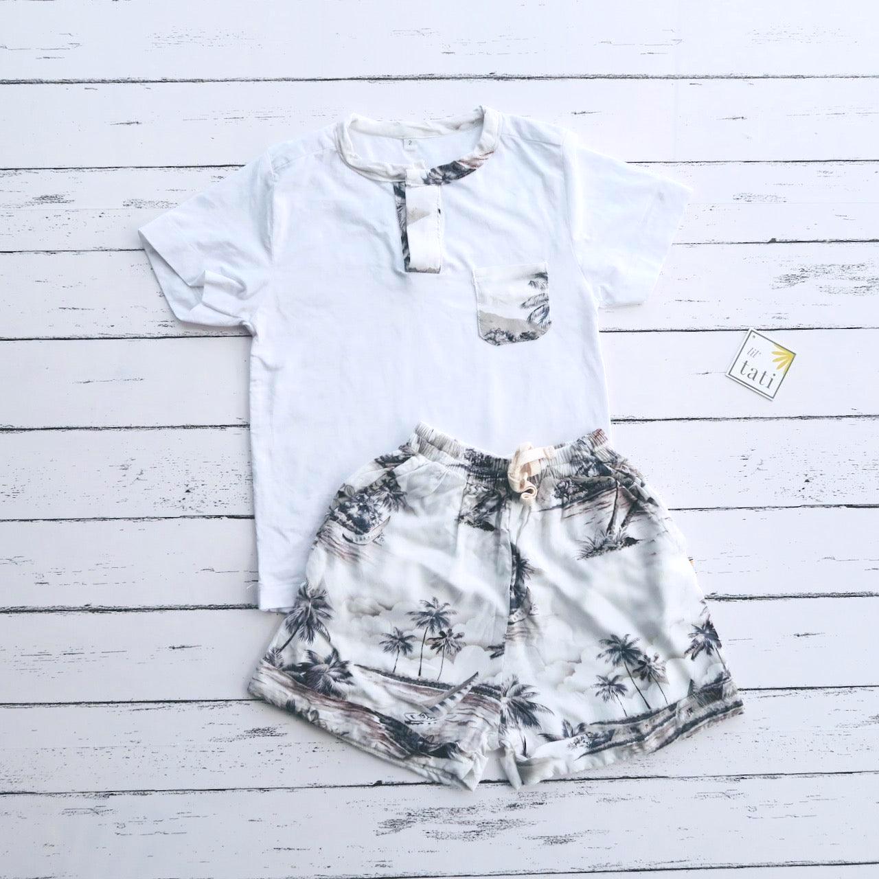 Caper Top & Shorts in Gray Beach and White Stretch