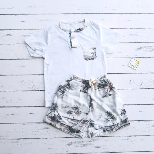 Caper Top & Shorts in Gray Beach and White Stretch