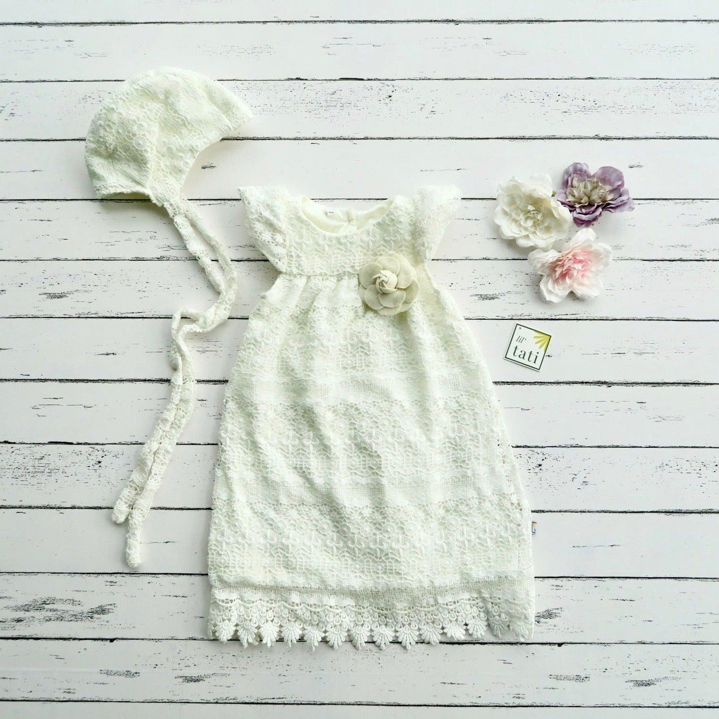Magnolia Christening Set in Elegant Pattern Stripes Lace - Lil' Tati