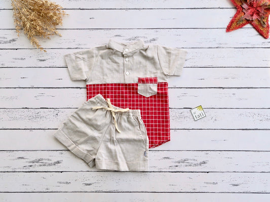 Maple Top & Shorts in Red Grid and Beige Linen