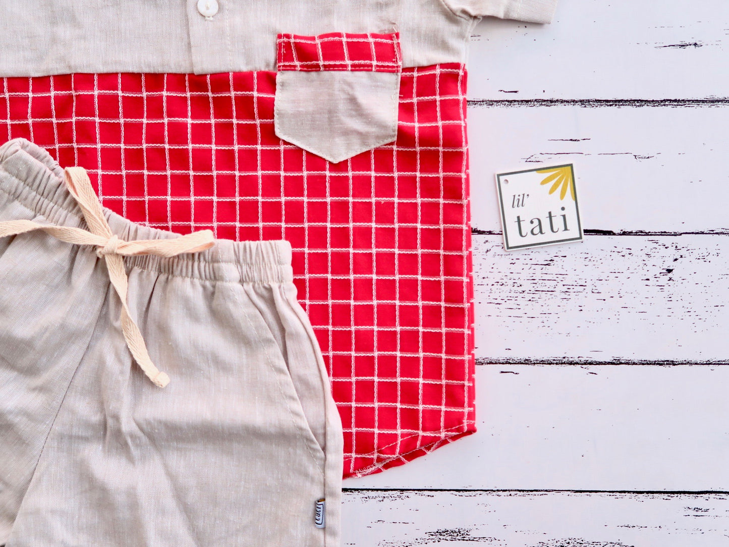 Maple Top & Shorts in Red Grid and Beige Linen