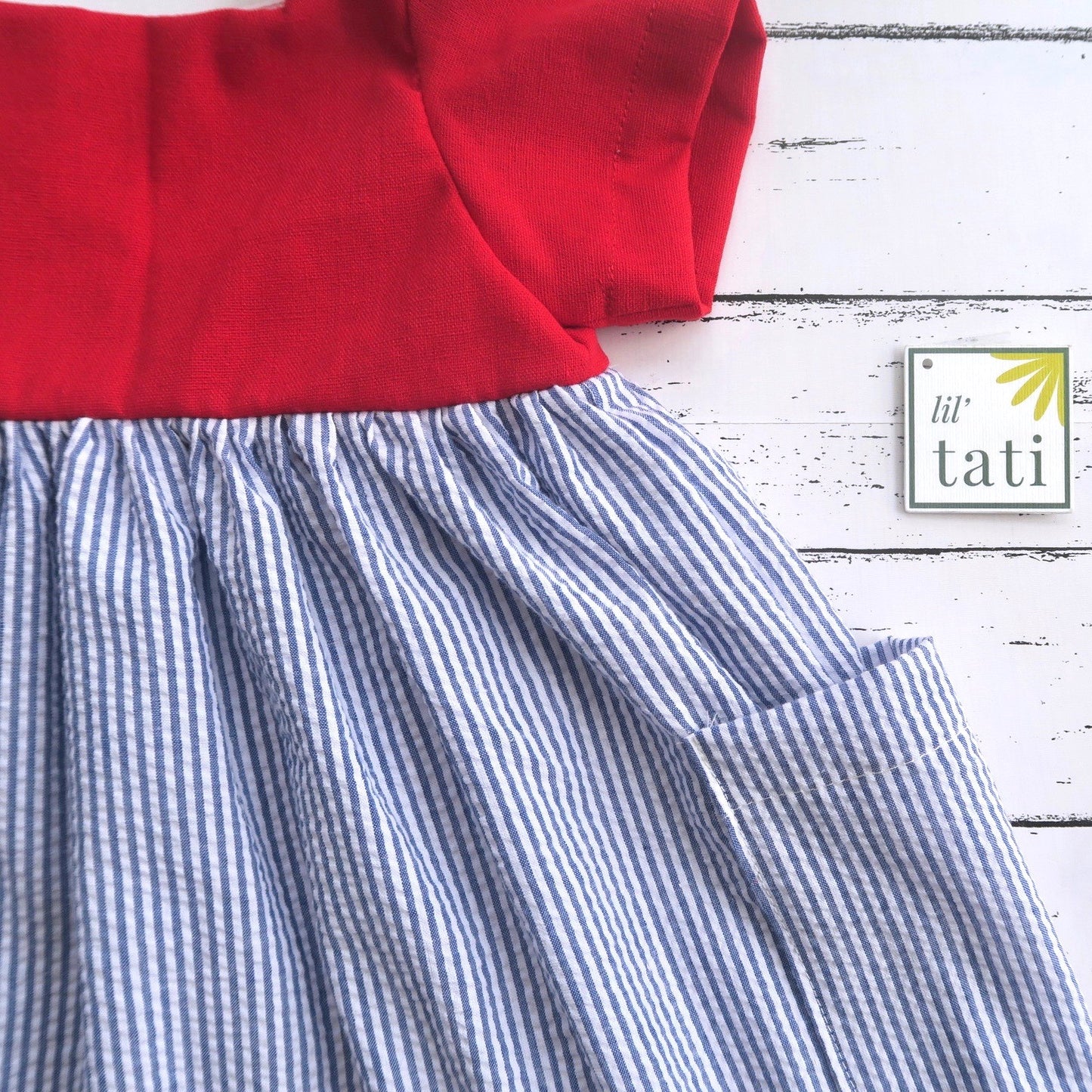 Pansy Dress in Blue Seersucker and Red Linen