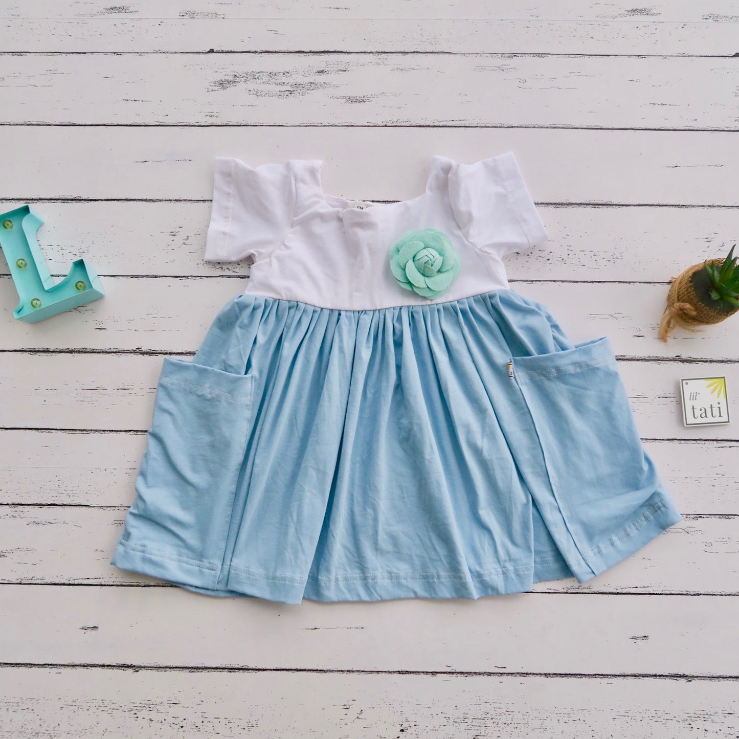 Pansy Dress - White and Light Blue Cotton Stretch