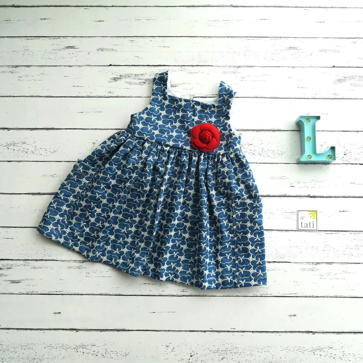 Girls' Square Neckline White Eyelet and Arcadia Red Stripes Dress | Lil' Tati Girls' Square Neckline White Eyelet and Arcadia Red Stripes Dress | Lil' Tati