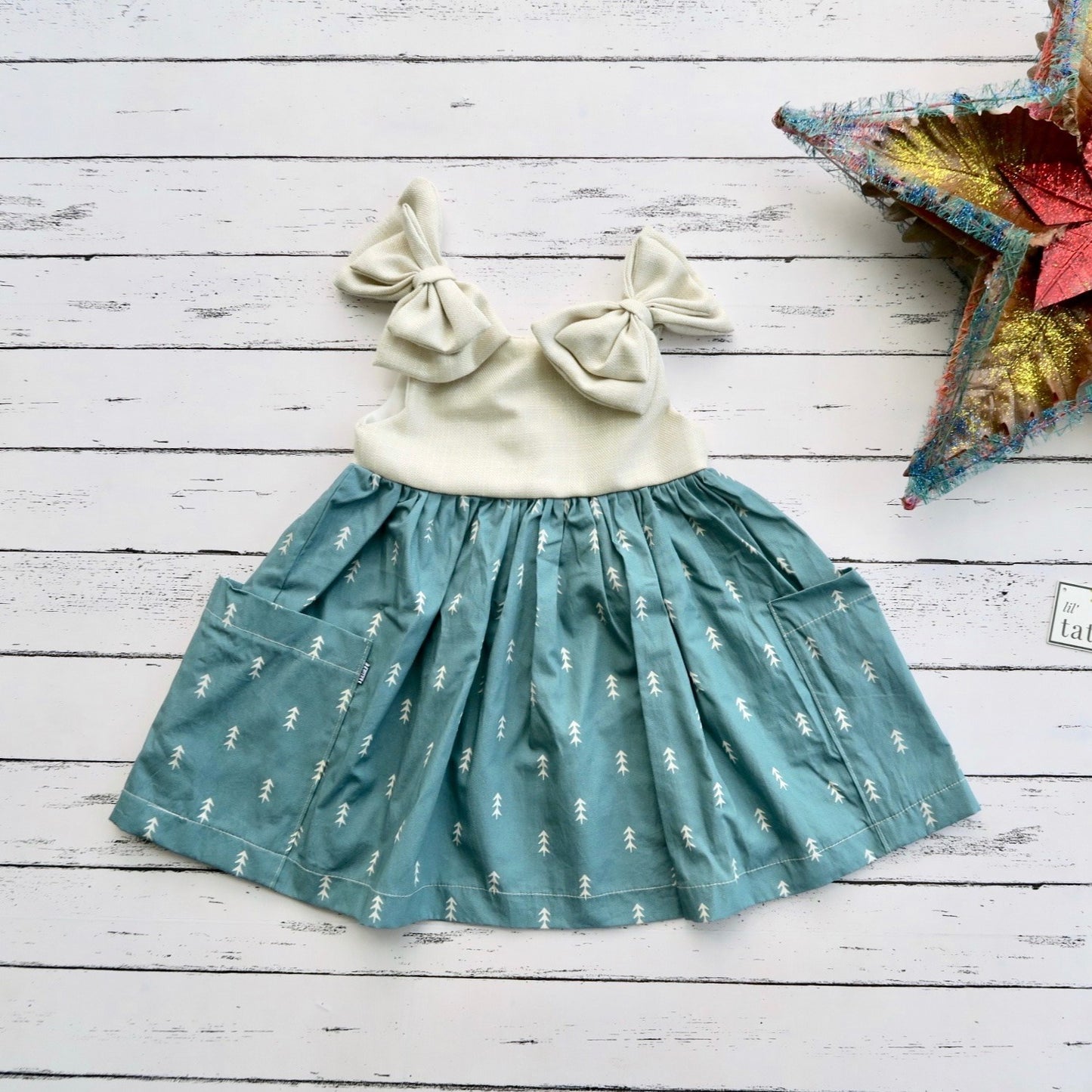 Poppy Ribbon Dress in Pine Forest Sage and Beige Linen