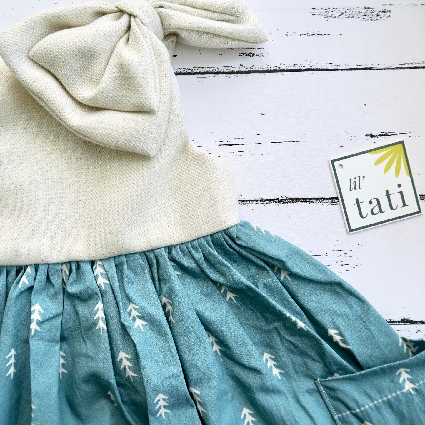 Poppy Ribbon Dress in Pine Forest Sage and Beige Linen