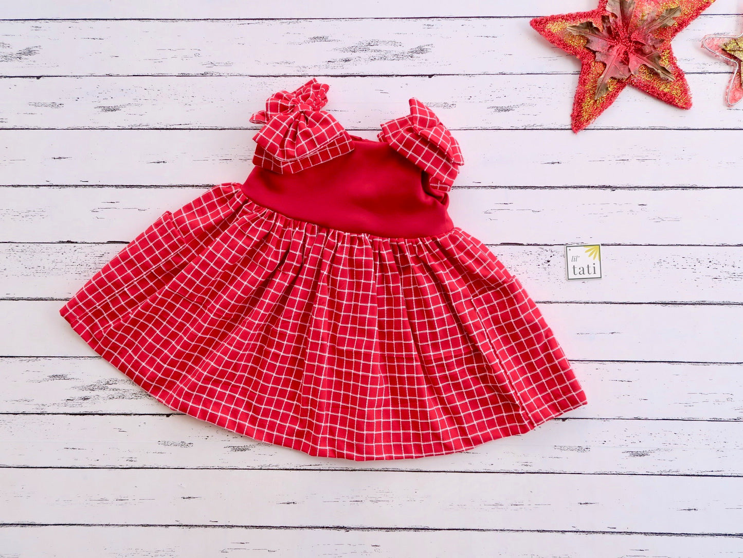 Poppy Ribbon Dress in Red Neoprene and Red Grid
