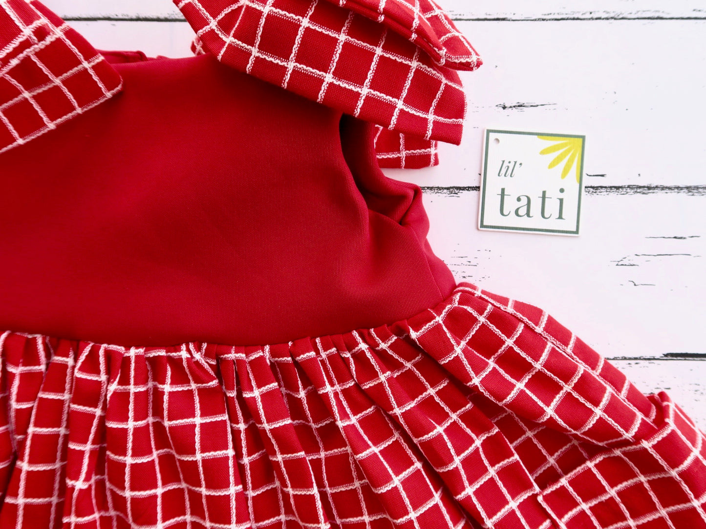 Poppy Ribbon Dress in Red Neoprene and Red Grid