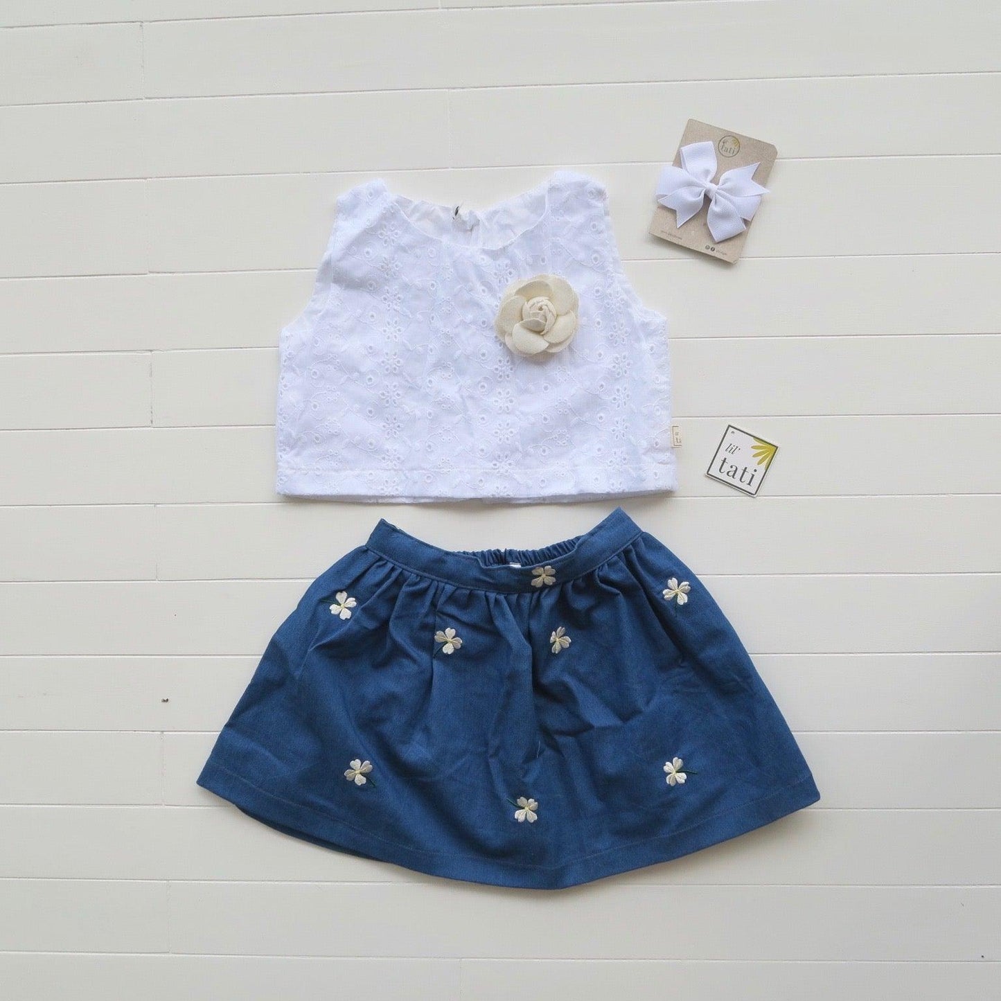 Sage Top and Skirt in White Eyelet and Blue Floral Embroidery - Lil' Tati