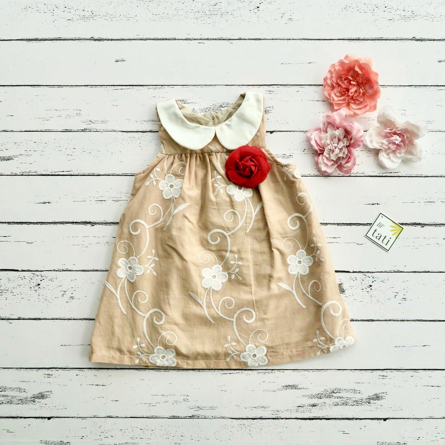 Tea Rose Dress in Fancy Beige Lace Print - Lil' Tati