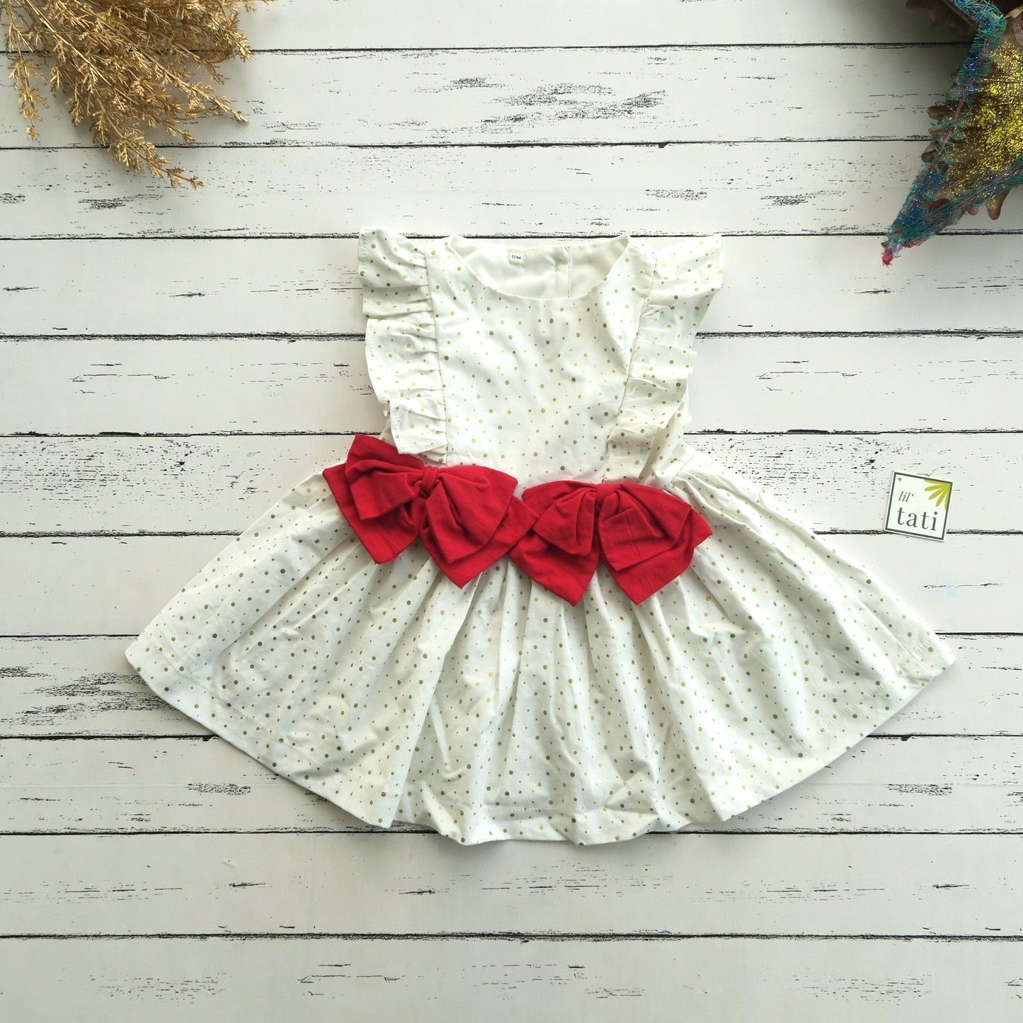 Vinca Dress in Gold Polka and Red Linen