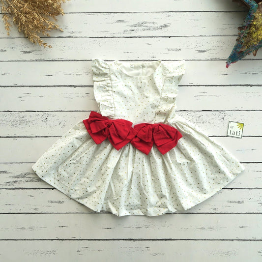 Vinca Dress in Gold Polka and Red Linen
