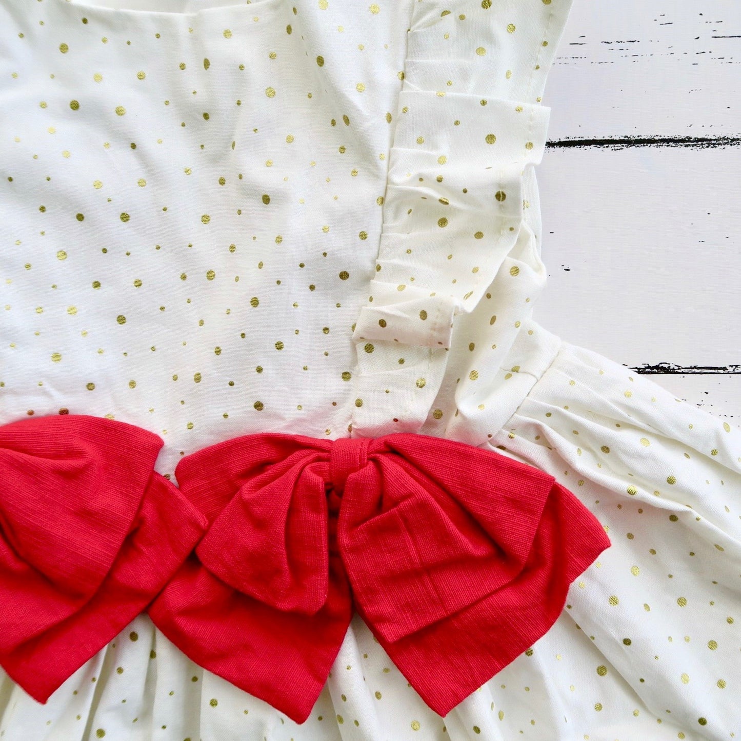 Vinca Dress in Gold Polka and Red Linen