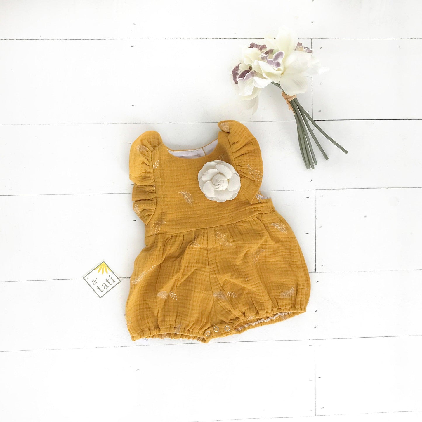 Orchid Playsuit - Ruffle Sleeves in Crepe - Leafy Mustard - Lil' Tati