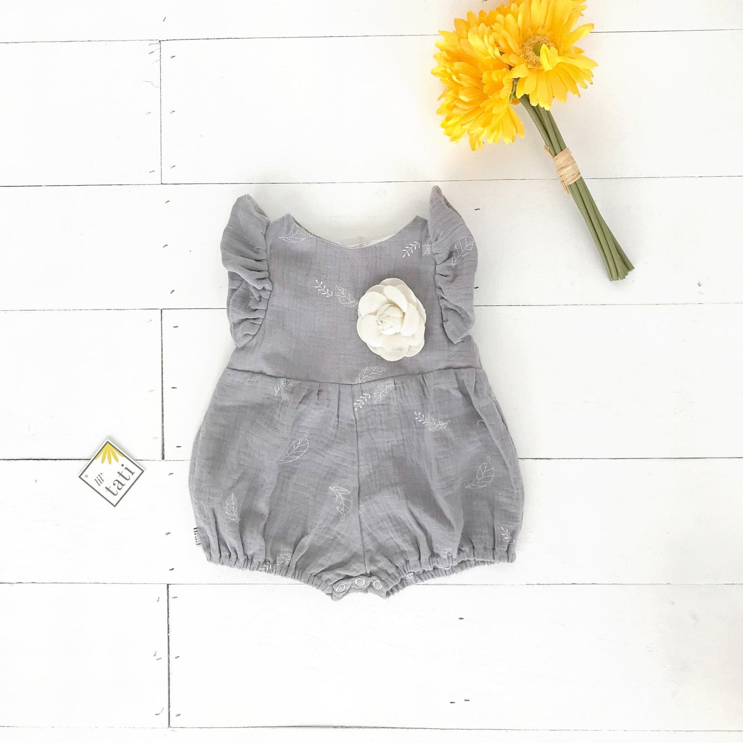 Orchid Playsuit - Ruffle Sleeves in Crepe - Leafy Storm Gray Print - Lil' Tati