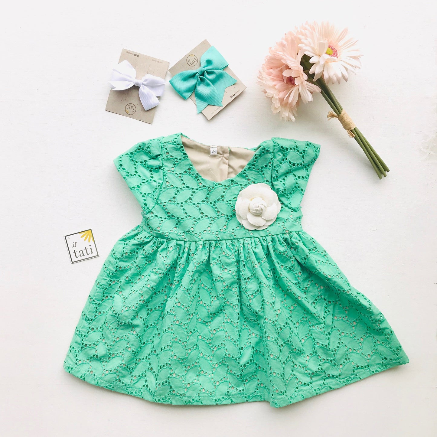 Lotus Dress in Jade Leaves Eyelet - Lil' Tati