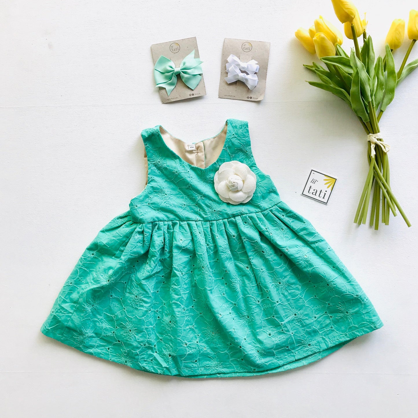 Iris Dress in Jade Floral Eyelet - Lil' Tati
