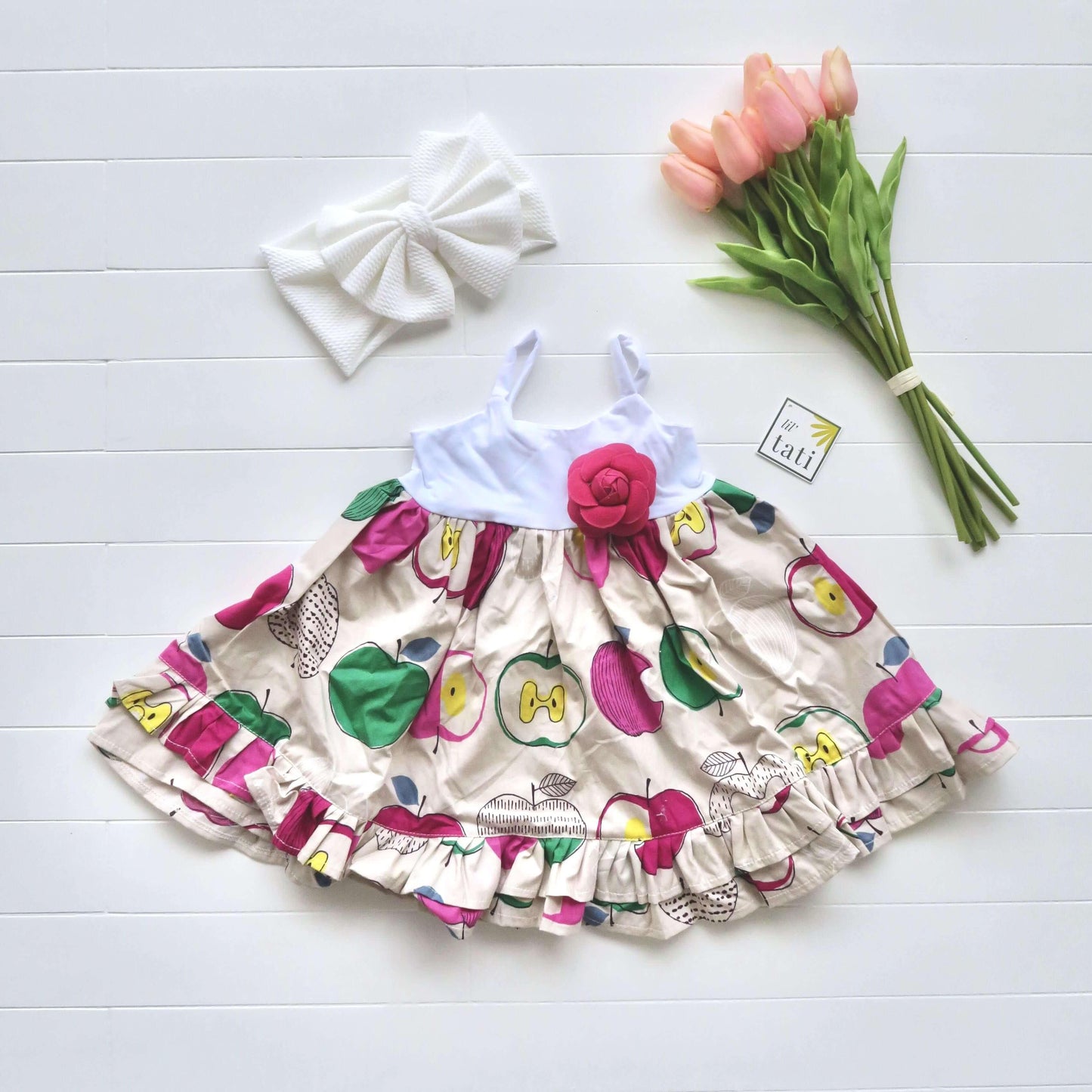 Dahlia Dress in Artsy Apple Magenta and White Stretch - Lil' Tati
