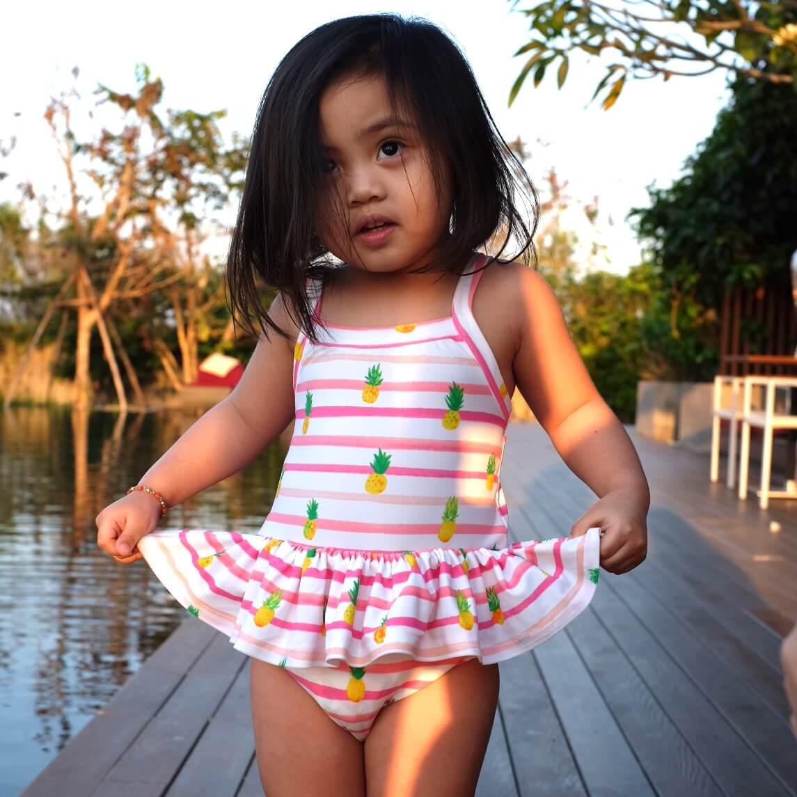 Berry Swimsuit with Tie-Straps in Pineapple Pink Stripes Print - Lil' Tati