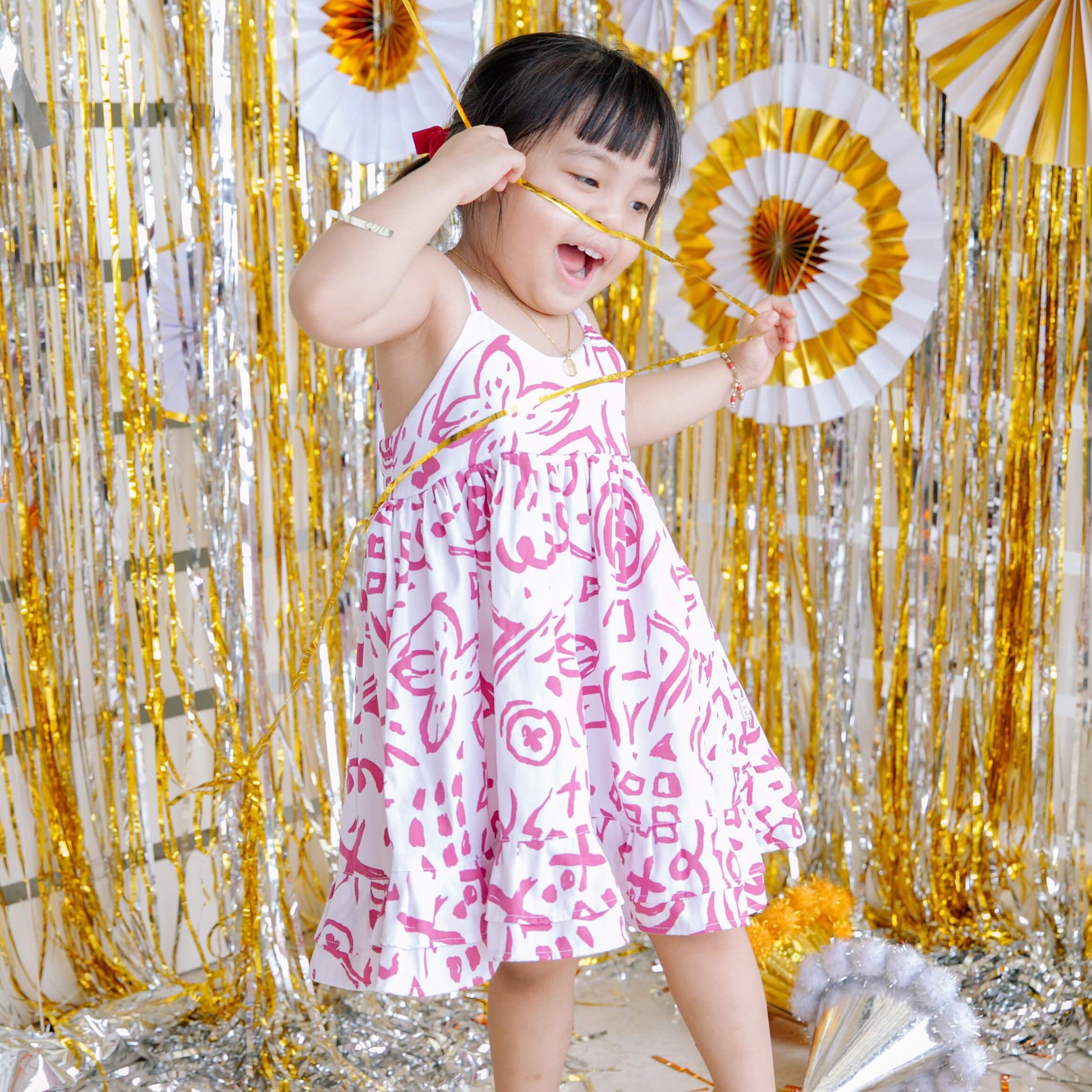 Dahlia Dress in Pink Stretch and Arrows Gray Stretch - Lil' Tati