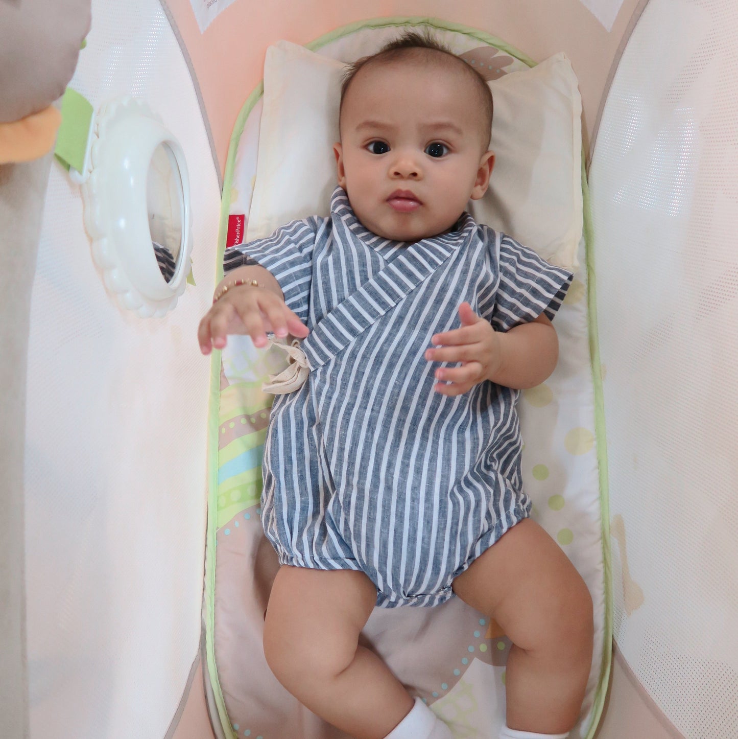 Sakura Kimono Onesie in Beige Checkered Linen - Lil' Tati