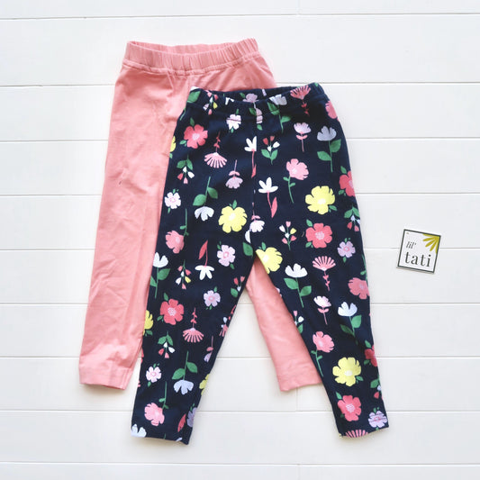 Set of 2 Cotton Stretch Leggings - Pink & Navy Flowers - Lil' Tati