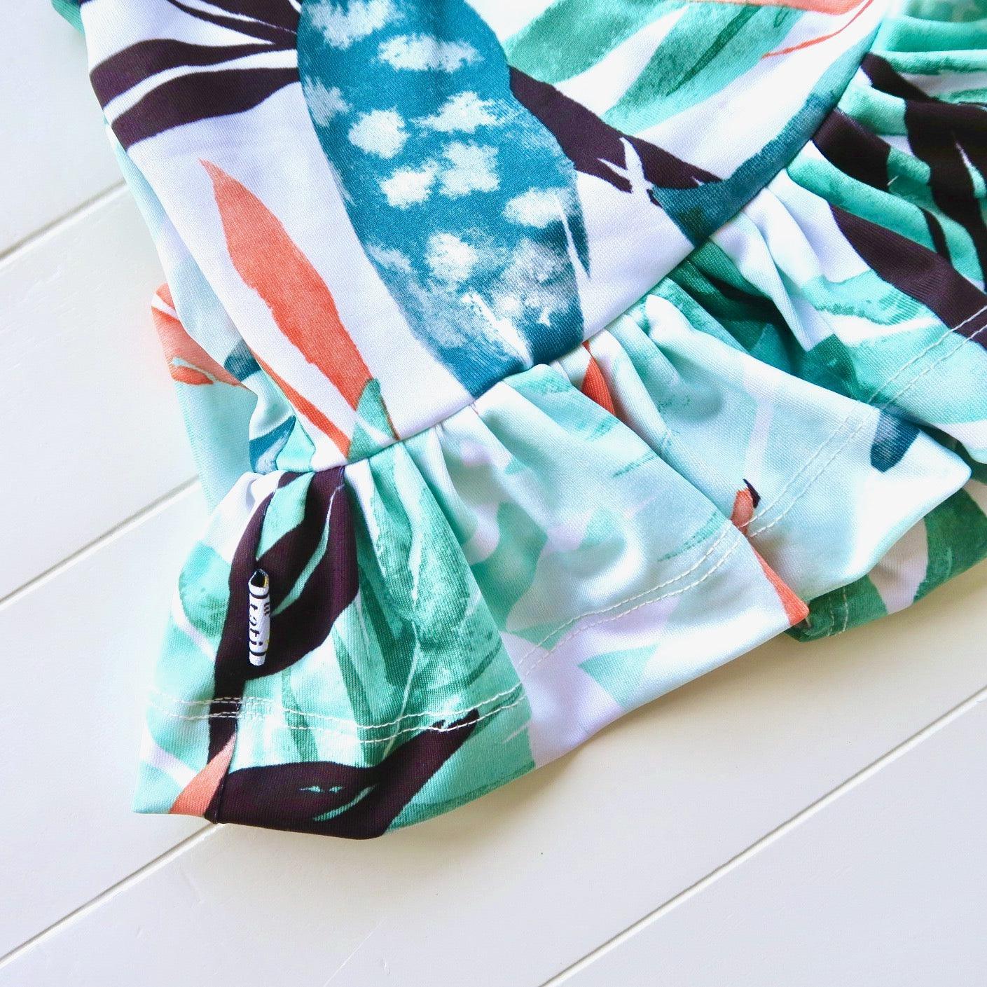 Berry Swimsuit with Tie-Straps in Tropical Leaves Print - Lil' Tati